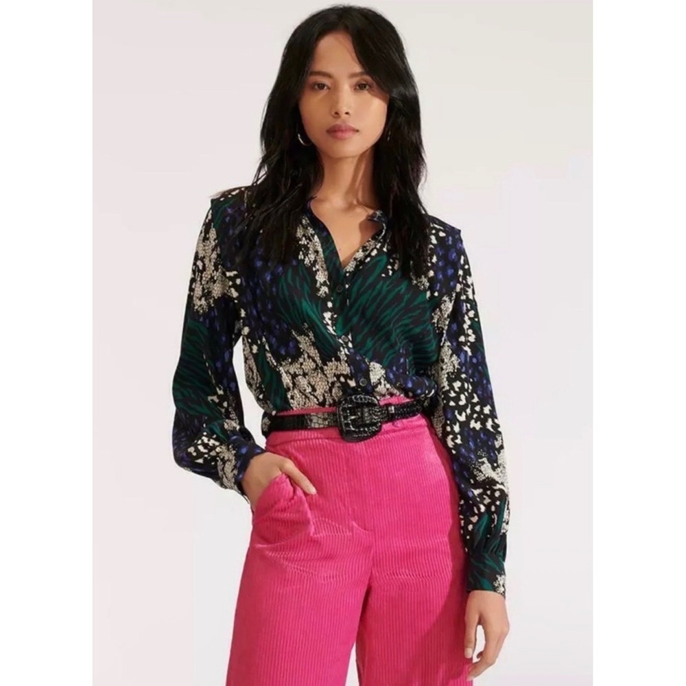 Veronica Beard Buckley Blouse Silk Mixed Animal Floral Print Green Navy Size 4